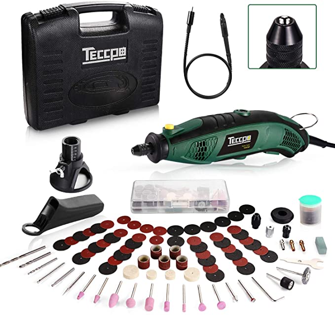 Buy TECCPO Rotary Tool Kit 1.5 amp, 6 Variable Speed with Flex Shaft, Universal Keyless Chuck, 84 Accessories, Cutting Guide, Auxiliary Handle, and Carry Case, Multi-functional for Crafting Projects 