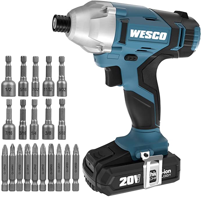 Buy WESCO Cordless Impact Drill Set with 2.0Ah Li-ion Battery and 60-Minute Fast Charger, 20Pcs Accessories, 1/4