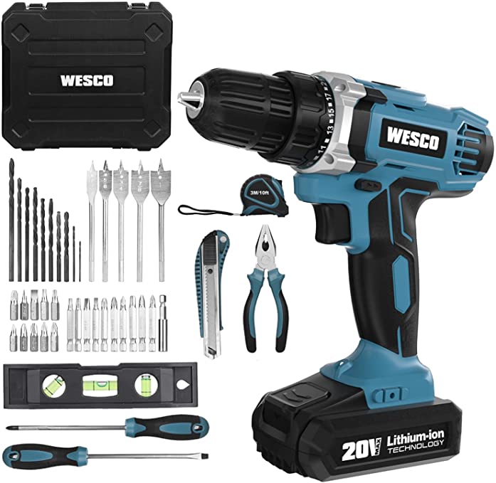 Buy WESCO 20V Electric Drill Driver Set & Home Tool Kit with 44pcs Accessories, 1x Li-ion Battery, Variable Speed, 21+1 Clutch, 3/8 inch Keyless Chuck, LED Light, Storage Case Included Cordless Drill Kit, WESCO 20V Electric Drill Driver Set & Home Tool Kit with 44pcs Accessories, 1x Li-ion Battery, Variable Speed, 21+1 Clutch, 3/8 inch Keyless Chuck, LED Light, Storage Case Include 