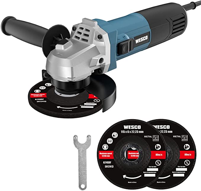 Buy WESCO 6 Amp Angle Grinder Tool, 4-1/2 Inch 11000RPM Power, 3 Metal Grinding Wheels, 2-Position Auxiliary Handle Spanner, Grinding Safety Guard, Cutting Wheels 