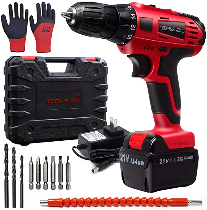 Buy Toolman Led Lithium-ion Cordless Power Drill Driver Kit 21V with 14-piece Drill Set for Heavy Duty ZTP009 