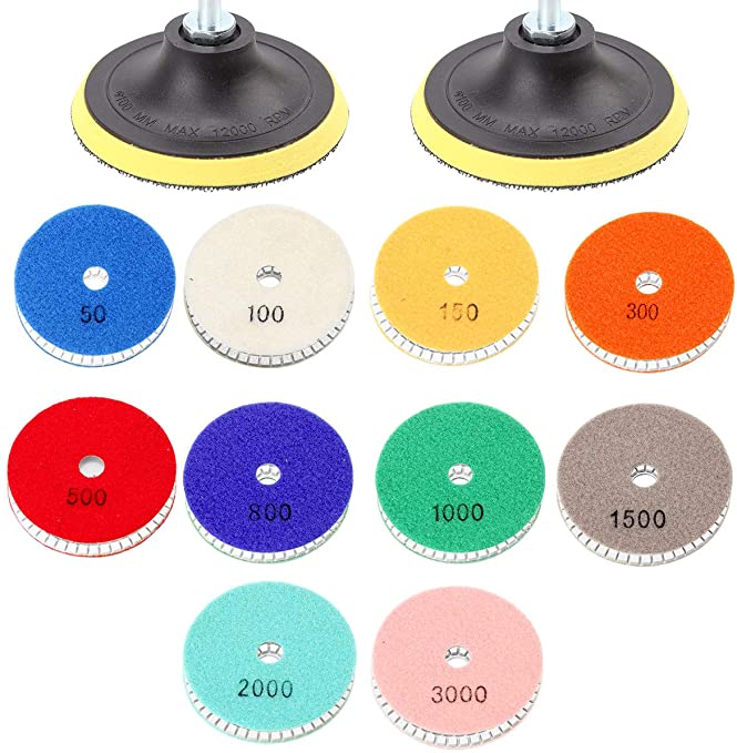 Buy 14 Pieces 4 Inch Diamond Polishing Pads Set Wet/Dry Polishing Kit, 10 Pieces 50#-3000# Grit Pads, 2 Pieces 0.4 In Shank, 2 Pieces Hook and Loop Backer Pads for Granite Stone Concrete Marble Floor Grinder or Polisher 