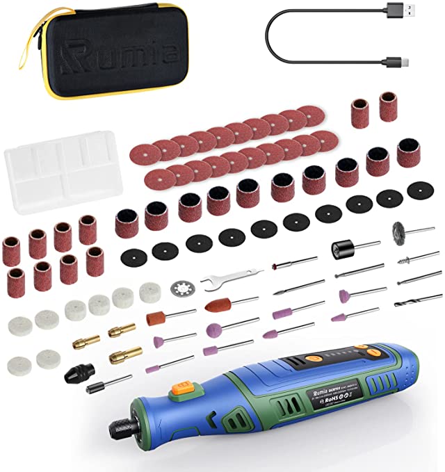 Buy Rumia 8V Powerful Rotary Tool Kit with 95 Accessories, Cordless Rotary Tool, Universal Keyless Chuck, 5-Speed Adjustable, USB Charging, Ideal for Sanding, Polishing, Drilling, Engraving, DIY Crafts 