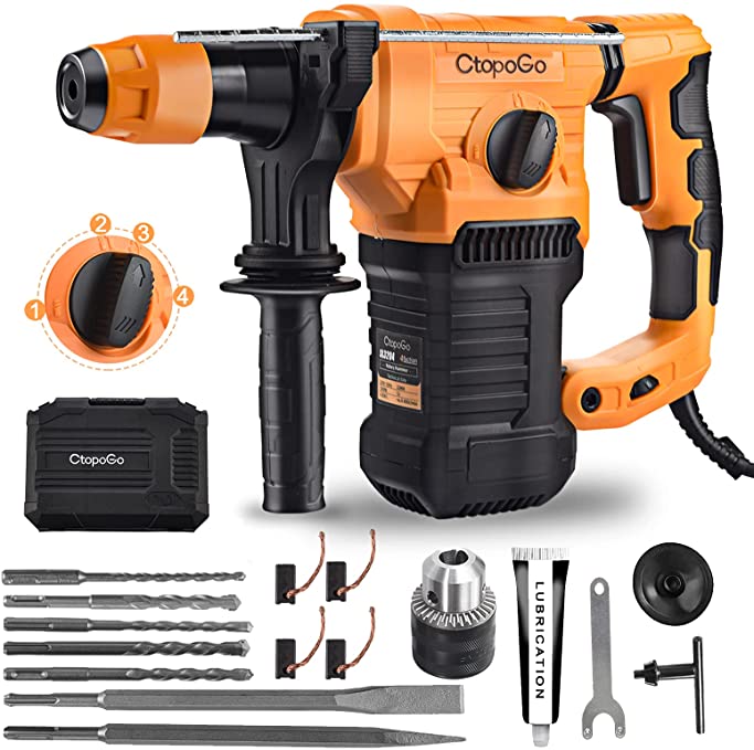 Buy SDS-Plus Heavy Duty Rotary Hammer Drill 1-1/4 Inch 4 Functions with Vibration Control Drill Chuck, Chuck Key, Grease, Flat&Point Chisels, 5 Drill Bits, Gloves, and Carrying Case are included in the Safety Clutch. 