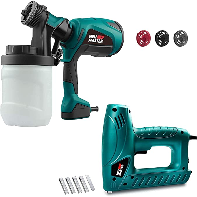 Buy NEU MASTER Staple Gun with Contact Safety and Power Adjustable Knob (336 Staples and 200 Nails Included), and Paint Sprayer with 3 Spray Patterns, 3 Nozzles, and 1200ml Detachable Canister 