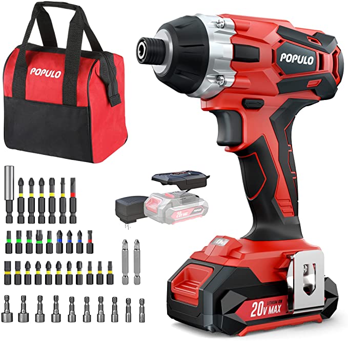 Buy 20V Max Lithium Ion Cordless POPULO Impact Driver Kit, 1770 in-lbs 1/4