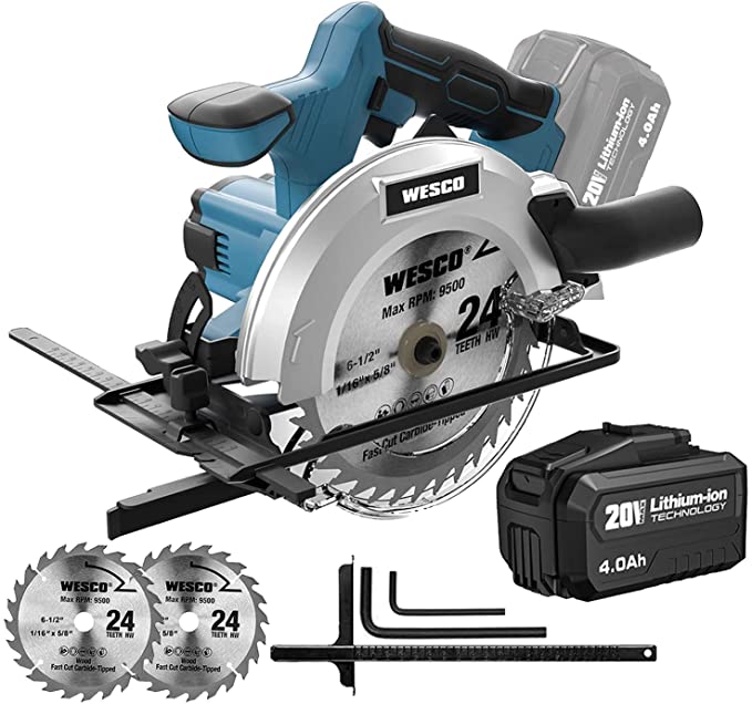 Buy WESCO 20V 4.0Ah Cordless Circular Saw, 4000RPM 0-45° Bevel Cutting, 6-1/2