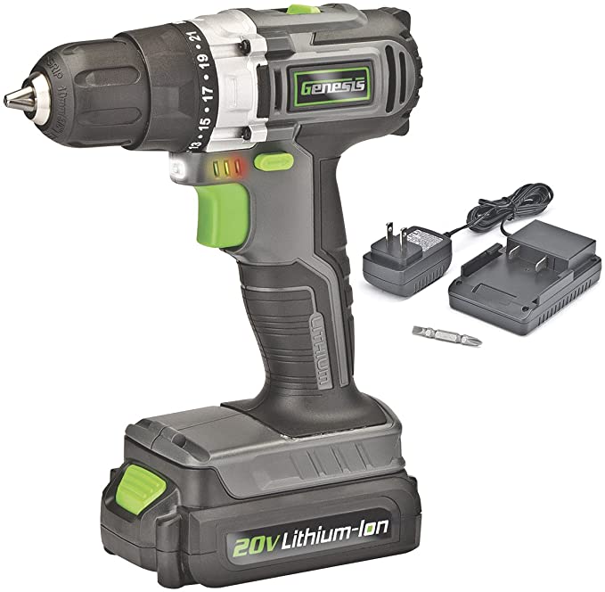 Buy Genesis GLCD2038A 20V Lithium-ion Battery-Powered Cordless Variable Speed Drill Driver, Grey/Black/Green, with 3/8