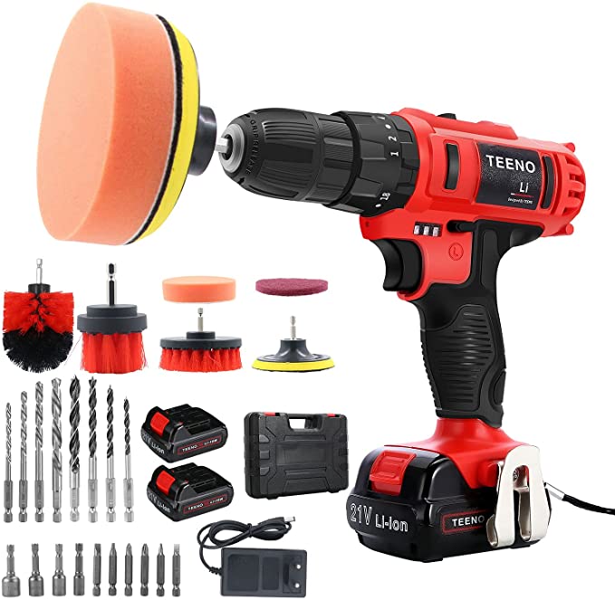 Buy TEENO Cordless Drill Driver 21V With Two Batteries and Charger, Impact Drill, 3/8