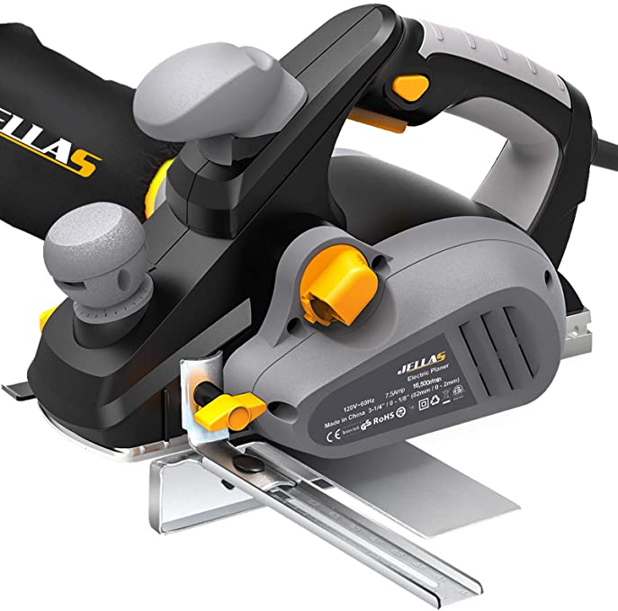 Buy EP01 JELLAS 7.5Amp Power Hand Planer, 16,500Rpm Electric Planer, 3-1/4 Inch Cut Width, Dual-dust out System, Dual-handle design, Blade Protector, 2 Reversible HSS Blades and 2 Carbon Brushes 