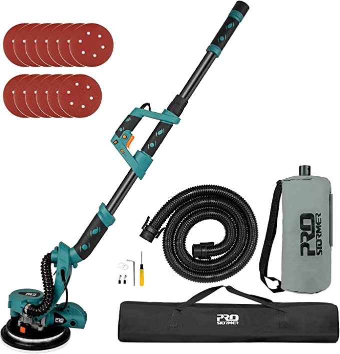 Buy Prostormer 6.5A Electric Drywall Sander Machine with Automatic Vacuum System, 500 to 1800RPM Variable Speeds, LED Light, 13 Piece Sanding Pads, Extendable Handle, and Carrying Bag 