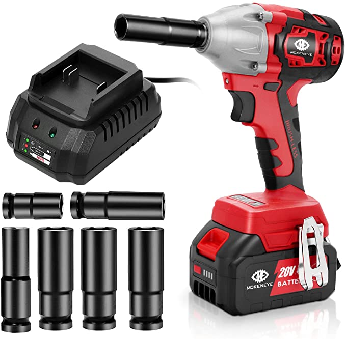 Buy MOKENEYE 20V Cordless Brushless Impact Wrench with 4.0 Ah Battery, 300 Ft-lbs Torque, 3-Speed up to 2900 RPM, 6 Impact Sockets, 1/2 Inch Battery-Powered Impact Wrench for Car Tires 