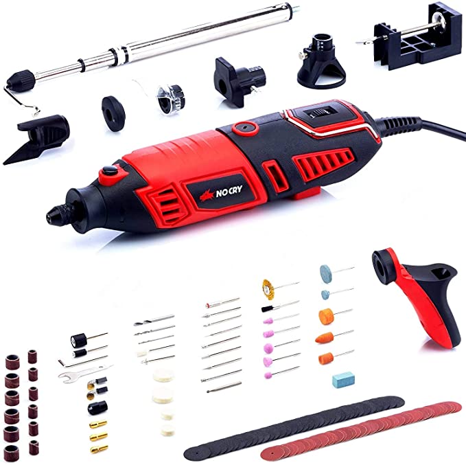 Buy NoCry 10/125 Professional Rotary Tool Kit includes a heavy duty 170W/1.4A electric motor, a universal 3-jaw chuck, 10 attachments, 125 accessories, and a storage case. 