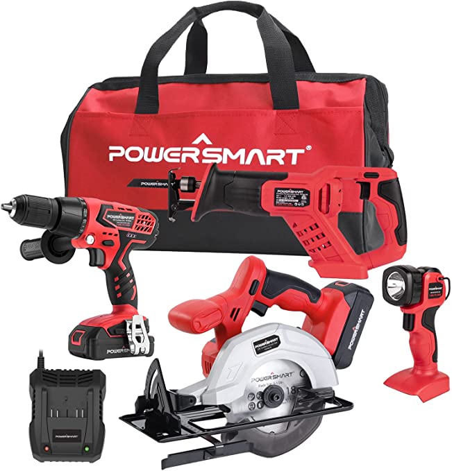 Buy Cordless Drill Set Compact Driver, Circular Saw, Reciprocating Saw, LED Flashlight, Saw Combo Kits With 2 Lithium-Ion Batteries Included, 4-Tool PowerSmart 20V Max Power Tool Combo Kits 