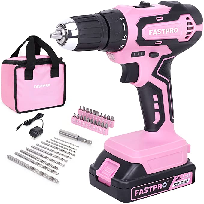 Buy FASTPRO Pink Drill Set—20V Max Lithium-ion Cordless Drill Set, 3/8 in. Drill Driver Kit with One 2.0 Ah Batteries, Charger, and Tool Bag 