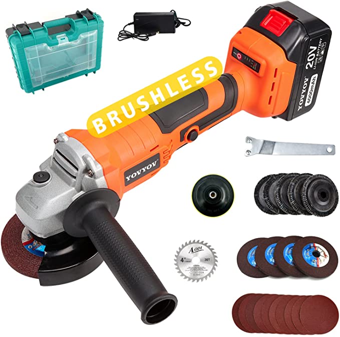 Buy YOVYOV 20V/4.0AH Lithium Battery Angle Grinder Cordless, Brushless Motor, 4-1/2 Inch Wheel Diameter & 8000 RPM Speed, 2 Positions Auxiliary Handle Adjustable With Toolbox 