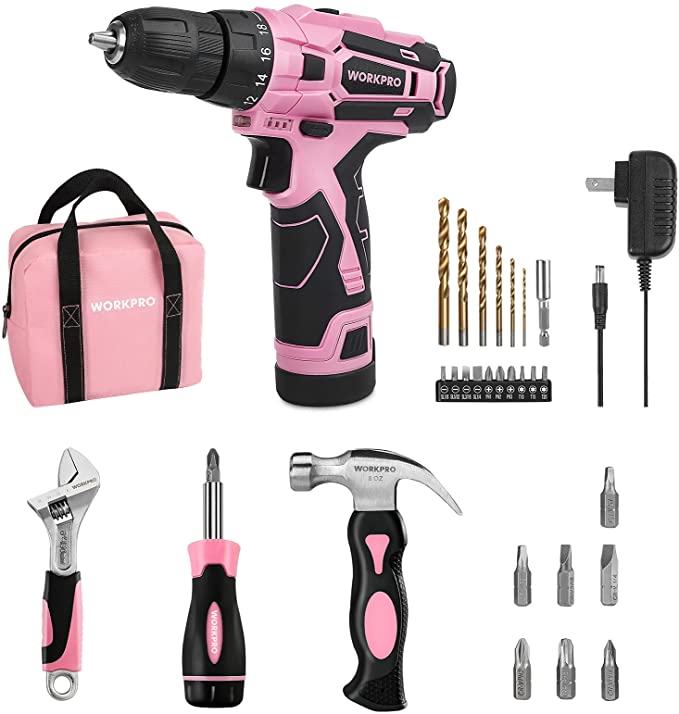 Buy Pink 12V Cordless Drill Driver Set + 3-Piece Household Tool Set from WORKPRO 