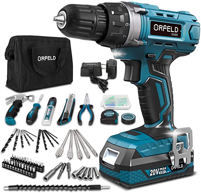 Buy ORFELD Cordless Drill Power Drill Driver Home Tool Kit 20V Max 2.0Ah Battery, 165 Pcs Accessories, Built-in LED, 2 Variable Speed, 3/8