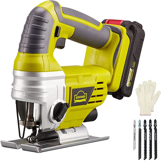 Buy DEWINNER Jig Saw Tool with 2.0Ah Li-ion 20V MAX Battery, Charger, and 5 Blades, Cordless Jigsaw - 3 Stage Pendulum Action, Tool-Less Blade Change, and Dust Extractor Port are all included. 