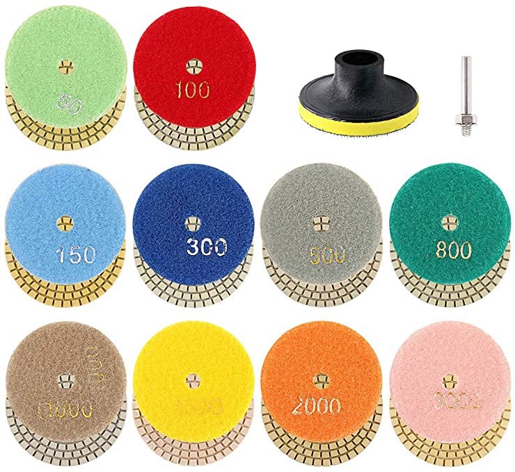 Buy Glarks 3 Inch 10Pcs 50 to 3000 Grit Wet Diamond Polishing Pads with Hook and 3 Inch Loop Backing Holder Disc with 1/4 Inch Shank Set for Polishing Granite, Stone, Concrete, Marble, Travertine 