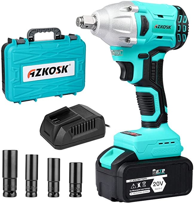 Buy Brushless High Torque AZKOSK 20V Cordless Impact Wrench Kit 1/2 Impact Wrench Torque maximum of 300 ft-lbs (400N.m)  3.0A Lithium Ion Battery 4Pcs Socket, Impact Wrench, and Battery for Car Home 