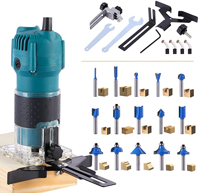 Buy Elikliv 800W Compact Wood Router Tool, Palm Trim Router Max 30000RPM High Speed, Woodworking Routers with 15 Bits, Edge Guide, Roller Guide (Bule)  