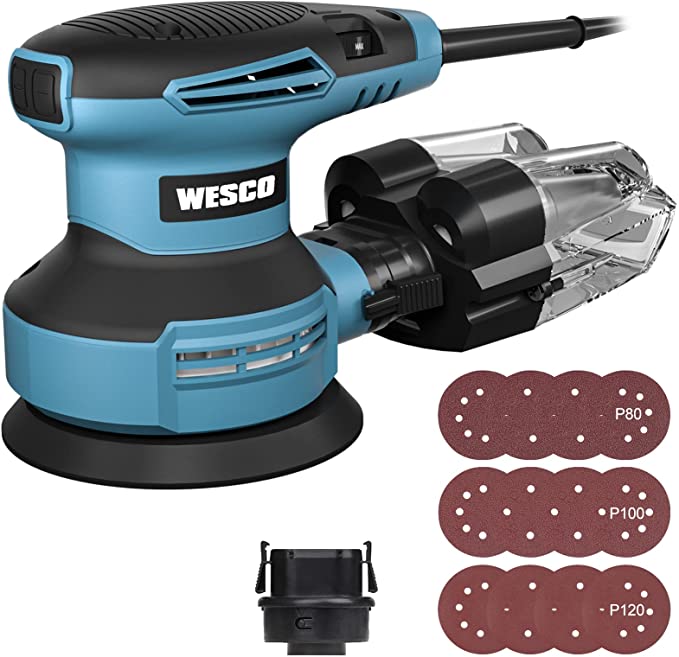 Buy WESCO 5-Inch Random Orbital Sander with 12 Sandpapers, 3.0A (350W) Orbital Sander, 13000 OPM, 6 Variable Speeds Vacuum Adapter, Cyclone Box, and Efficient Dust Collection System 