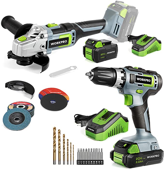 Buy WORKPRO 20V Cordless Angle Grinder Kit, 4-1/2 Inch, Lightweight Angle Grinder Tool with WORKPRO 20V Cordless Drill/Driver Kit, 3/8