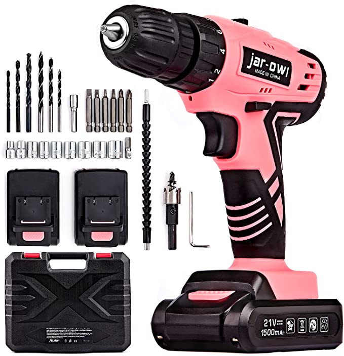 Buy Jar-owl 21V Pink Tool Set with Drill, Power Cordless Drill/Driver Set with 3/8 Inch Keyless Chuck,1.5AH 2PCS Battery and Charger for Home Tool Kit jar-owl 21V Pink Tool Set with Drill, Power Cordless Drill/Driver Set with 3/8 Inch Keyless Chuck,1.5AH 2PCS Battery and Charger for Home Tool Kit 