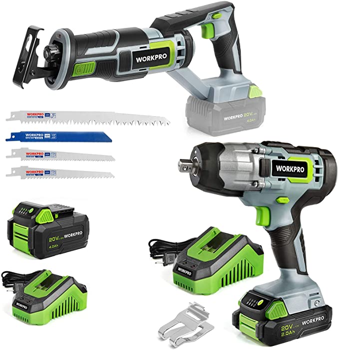 Buy WORKPRO 20V 4.0Ah Cordless Reciprocating Saw with 20V Cordless Impact Wrench, 1/2-inch, 320 Ft Pounds Max Torque 