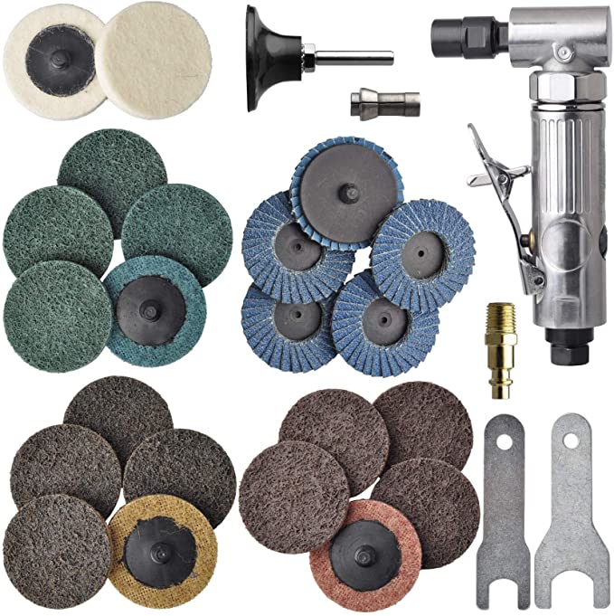 Buy 22 pcs. 1/4 inch angle air die grinder TOOLPEAK air die grinder kit, 2-inch roll lock sanding discs, polished color angle pneumatic die grinder 