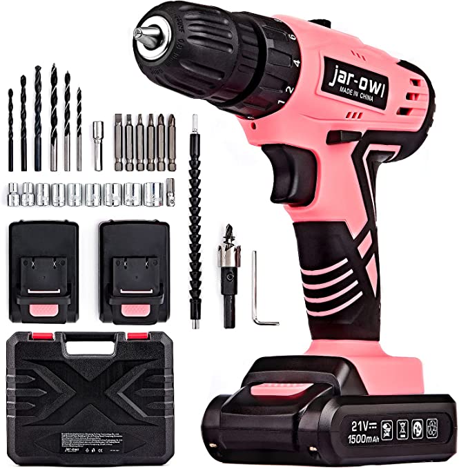 Buy Jar-owl 21V Pink Cordless Drill Driver with Work Light, Max Torque 35N.m, 3/8 Inch Keyless Chuck, 18+1 Position, Single Speed 0-350 RPM/0-1350 RPM, 1.5Ah 2PC Battery and Charger for Home Tool Kit jar-owl 21V Pink Cordless Drill Driver with Work Light, Max Torque 35N.m, 3/8 Inch Keyless Chuck, 18+1 Position, Single Speed 0-350 RPM/0-1350 RPM 