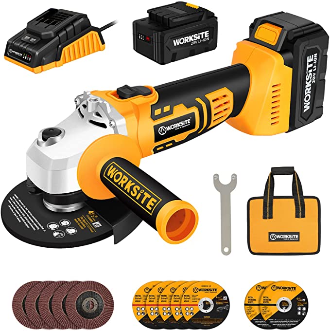 Buy 4-Pole Motor, 4-1/2 Inch Cordless Grinder w/4.0A Battery & Fast Charger, 3-Position Adjustable Auxiliary Handle, Cutting Wheels, Grinding Wheels, and Flap Discs, WORKSITE Cordless Angle Grinder, 4-Pole Motor, 4-1/2 Inch Cordless Grinder w/4.0A Battery & Fast Charger, 3-Position Adjustable Auxiliary Handle, Cutting Wheels, Grinding Wheels 