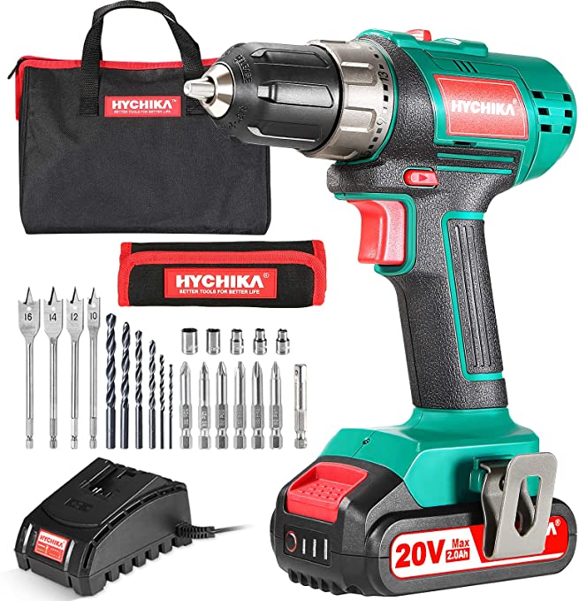 Buy HYCHIKA Power Drill Set, Cordless Drill Driver 20V Drilling Wood, Metal, and Plastic with 330 in-lb torque, 1500 RPM, 2.0Ah Li-Ion Battery, 1H Fast Charger, 21+1 Clutch, 2 Variable Speed, and Built-in LED 