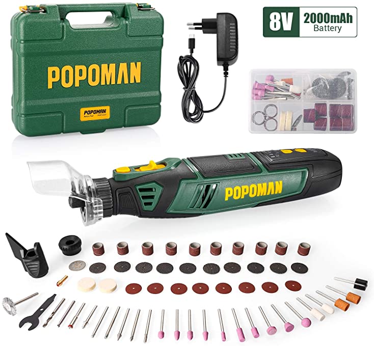 Buy Cordless Rotary Tool Kit, POPOMAN 8V 2.0Ah Li-ion Battery, USB-C Cable Charger, Variable Speed, 58pcs Carving, Engraving, Sanding, Polishing, Cutting, etc. Ideal for Do-It-Yourselfers and Crafters 