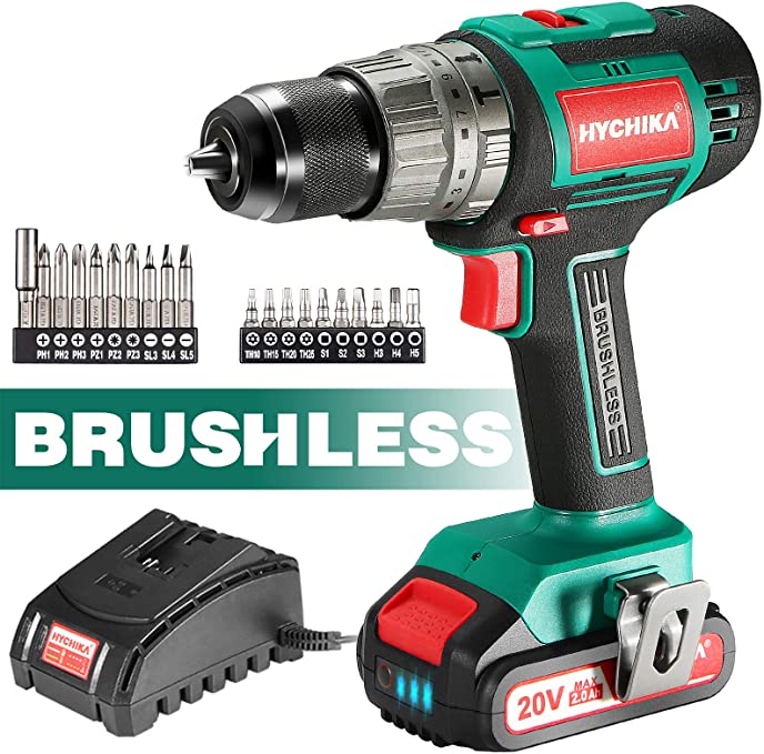 Buy HYCHIKA Brushless Drill Max Torque 530 In-lbs, 2.0 AH Battery 1H Fast Charger, 21+3 Torque Setting 1/2