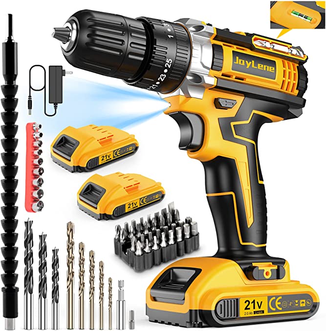 Buy JayLene 21V Cordless Drill Set, Power Drill 59 Pieces with 3/8 Inch Keyless Chuck, 25 3 Clutch Electric Drill with Work Light, Max Torque 45Nm, 2-Variable Speed & 2 Batteries and Fast Charger JayLene 21V Cordless Drill Set, Power Drill 59 Pieces with 3/8 Inch Keyless Chuck, 25 3 Clutch Electric Drill with Work Light, Max Torque 45Nm, 2-Vari 