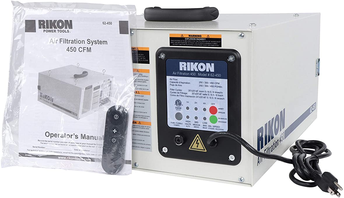 Buy RIKON 62-450 3-Speed Remote-Controlled Air Filtration System (250/350/450 CFM) for large rooms up to 400 Square Feet – Circulates and Cleans Air 8 Times Per Hour! 