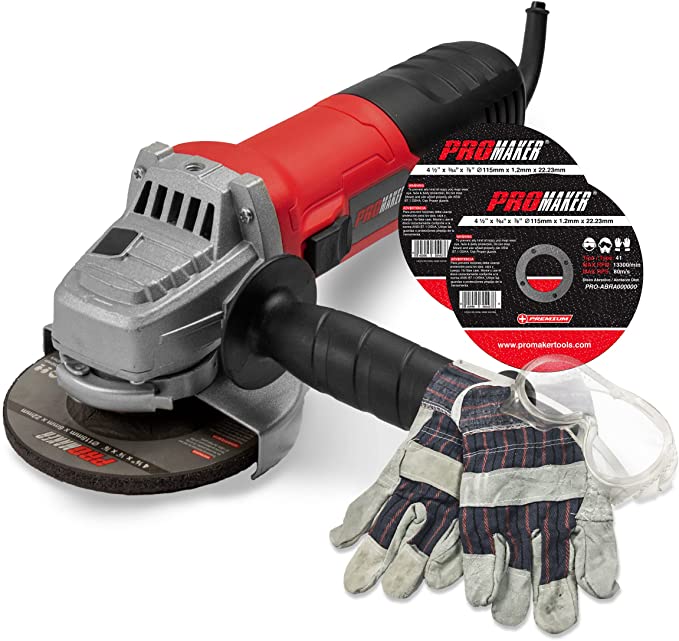 Buy PROMAKER 6.5-Amp Power Angle Grinder 4-1/2-Inch with Safety Goggles, Gloves, Two Grinding Wheels, Box, and two (2) extra Carbon brushes (115mm) 750W. PRO-ES750KIT. 