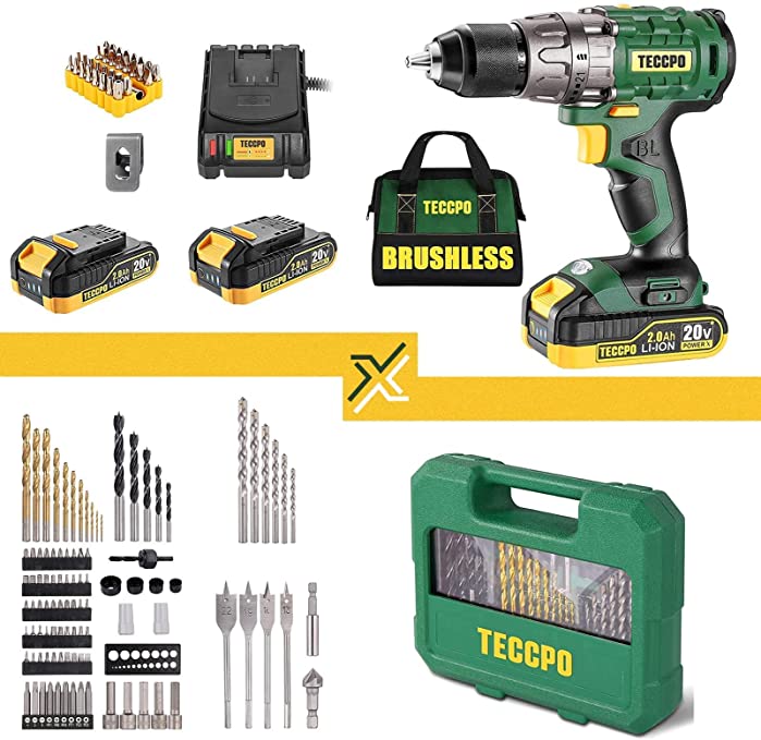 Buy TECCPO Brushless Drill Set + 100Pcs Drill Screwdriver Bit Set Combo Kit, 530 In-lbs Brushless Drill with 2 Batteries, 21+1 Torque Setting, Screwdriver Bit Set with 1/16