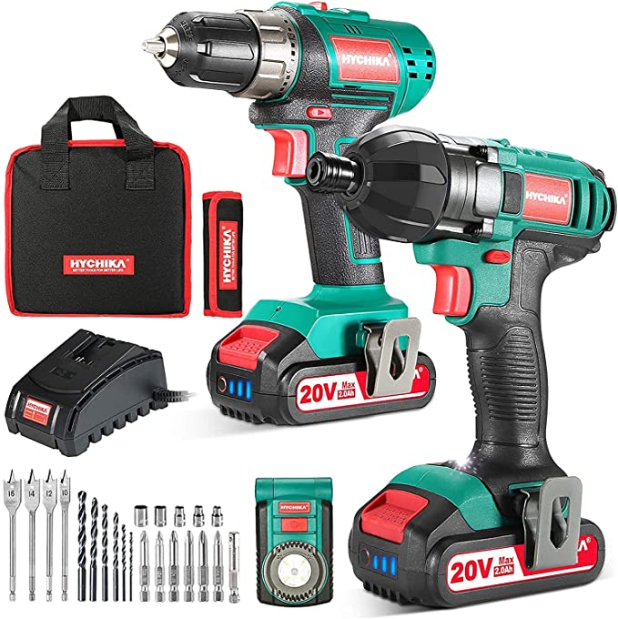 Buy HYCHIKA Drill Combo Kit, 20V Cordless Drill Driver and Impact Driver, 2x2.0Ah Batteries, 1H Fast Charging, 22PCS Accessories for Drilling Wood, Metal, and Plastic 