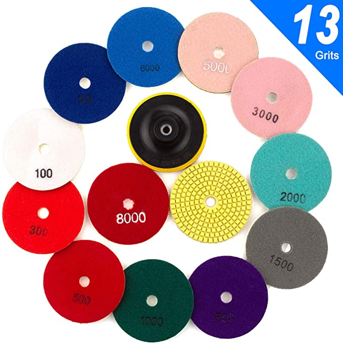 Buy ADVcer 13 Piece Diamond Polishing Pads, 4 inch Polish Pad 50-8000 Grit Wet Stone Polishing Kit with M10 Hook & Loop Backing Holder Disc for Granite Concrete Marble Quartz Countertop Tile Floor Polisher 