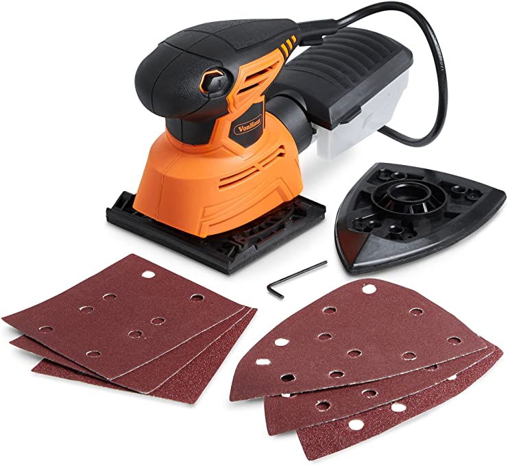 Buy VonHaus Electric Palm Detail Sheet Sander with 14000 RPM, 6 Sanding Sheets, Compact and Lightweight, Dust Extraction System, and 6ft Power Cord for Hard-to-Reach Spots and Furniture Restoration 