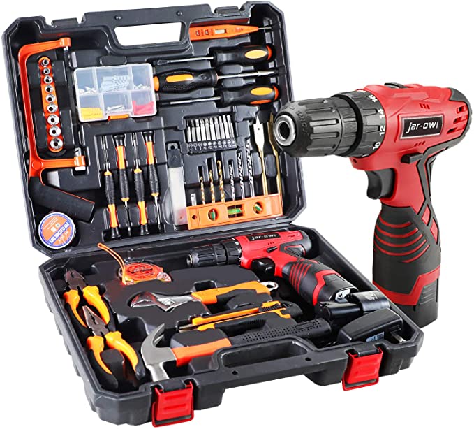 Buy 16.8V tool kit with drill from Jar-owl Power Tool Drill Set Kit with 2 Batteries and Plastic Toolbox Storage Case, 108 Piece Cordless Drill Set & Home Tool Kit 