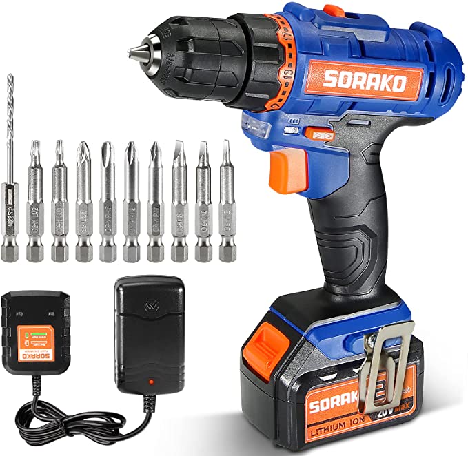 Buy 20V Max Cordless Drill SORAKO 3/8 Inch Power Drill Set, 310 in-lbs Max Torque, 21+1 Torque, SORAKO 3/8 Inch Power Drill Set, 310 in-lbs Max Torque, SORAKO 3/8 In Variable Speed Control, 2-Speed Setting, 2.0Ah Li-ion Battery and Charger Drill Driver Accessories Kit (10 Pieces) 