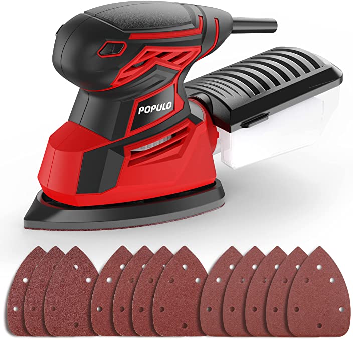 Buy POPULO Detail Sander Palm Sander,14,000 OPM Electric Detail Sander with 12 Pieces Sandpapers, Woodworking Power Sander with Dust Box 