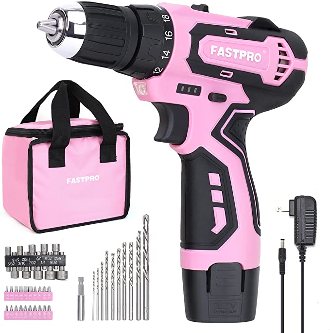 Buy FASTPRO 42-Piece 12V Pink Drill Kit Includes Lithium-ion Cordless Drill Driver, 3/8 in. Drill Driver Set with One 1.5 Ah Batteries, Charger, and Tool Bag 