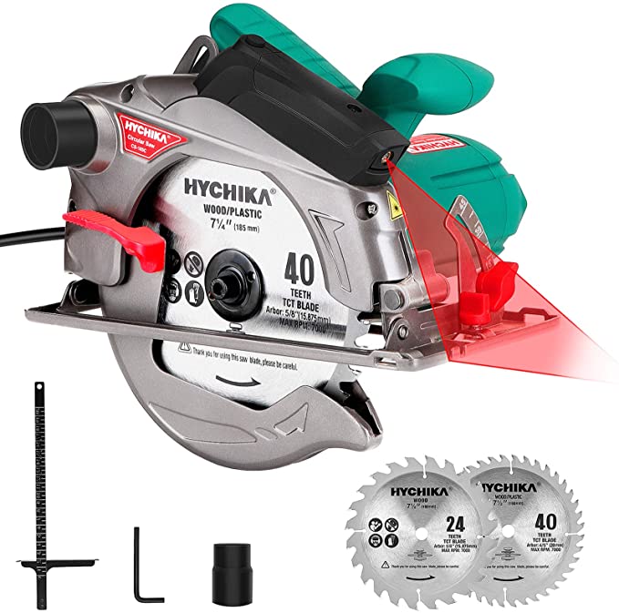 Buy Circular Saw with Laser Guide, HYCHIKA 1500W/12.5A Corded Electric Saw with 4700RPM, 2Pcs Blades (24T+ 40T) plus 1 Allen Wrench, Max Cutting Depth 2-1/2