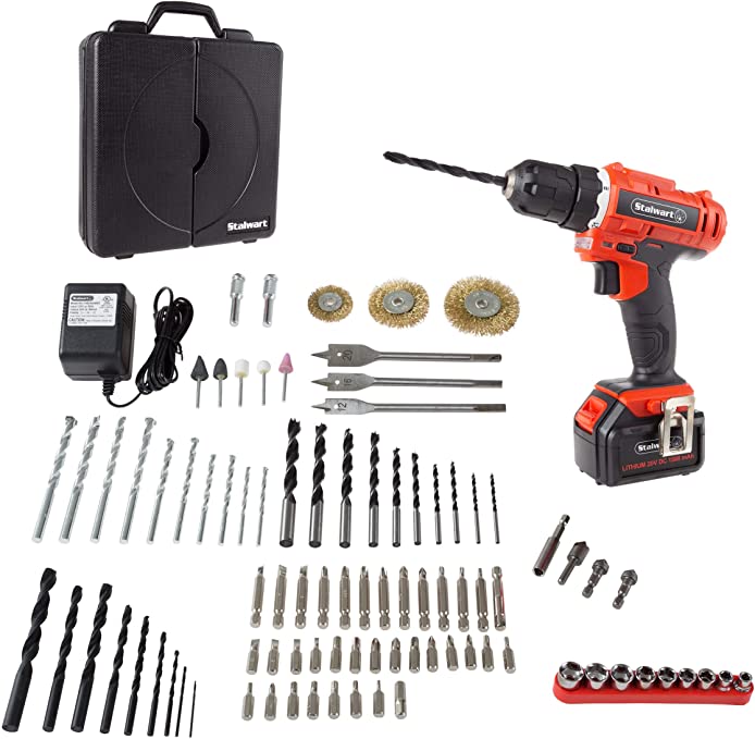 Buy 75-PT1040 20V Cordless Drill with Rechargeable Lithium-Ion Battery and 89 Piece Accessory Set - Portable Power Tool with Bits, Drivers, and Brushes by Stalwart Red 