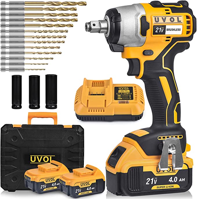 Buy UVOL Cordless Impact Wrench with Toolbox, 1/2-Inch Chuck, Brushless Motor, and Battery Power Drill/Driver with 3 Sockets and 13 Driver Bits, 21V/4.0Ah Power Impact Wrench with 2 Batteries and Charger (BX8501)  